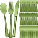 Minatee 150 Pieces Disposable Cutlery Set Plastic Silverware Heavy Duty Utensil Sets 50 Forks 50 Knives 50 Spoons for Home Office School Party Picnics Restaurant Outdoor Events(Olive Green)