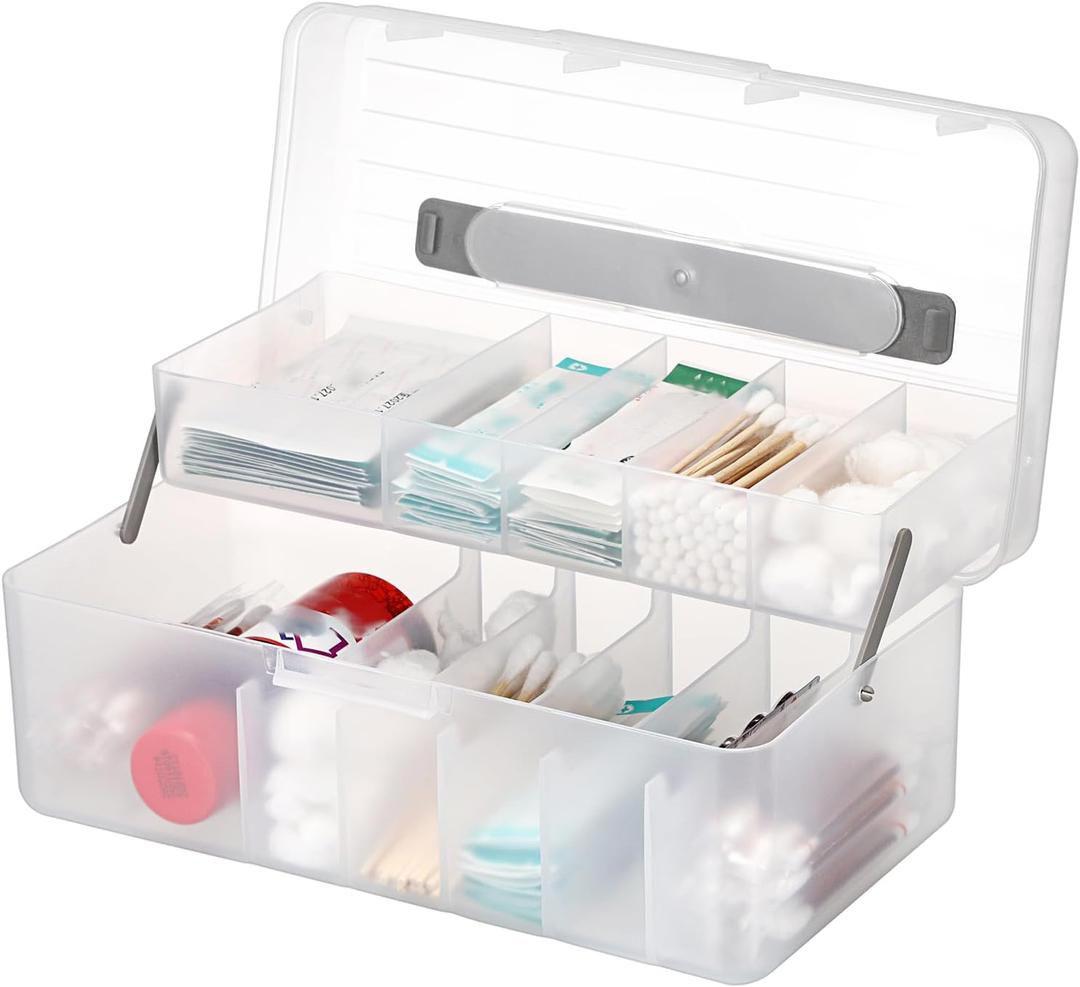 JUXYES 2-Tiers Bandages Carry Storage Box With Handle Lid - Transparent Portable Bandages Storage Bin With Lifting Divided Tray - Plastic Storage Container for School, Office, Travel Use Supplies
