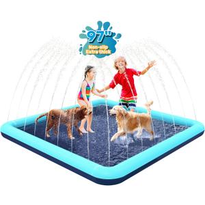 97'' Splash Pad for Dogs, Non-Slip Sprinkler for Kids, Square Splash Pad for Kids Ages 4-8, Splash Pads for Toddlers 1-3, Dog Sprinkler Shallow Pool, Outdoor Water Toys for Backyard, Teal, 97 inches diagonal