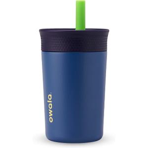 Owala Kids Insulation Stainless Steel Tumbler with Spill Resistant Flexible Straw, Easy to Clean, Kids Water Bottle, Great for Travel, Dishwasher Safe, 12 Oz, Navy and Blue (Home Base)
