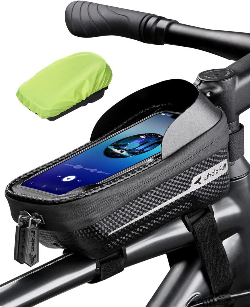 whale fall Hard Casing Bike Bag, Never Deform, Waterproof Bike Phone Holder with 0.25mm Sensitive TPU Touch-Screen, Bicycle Accessories, with Rain Cover for Phones under 6.9'' (Black)