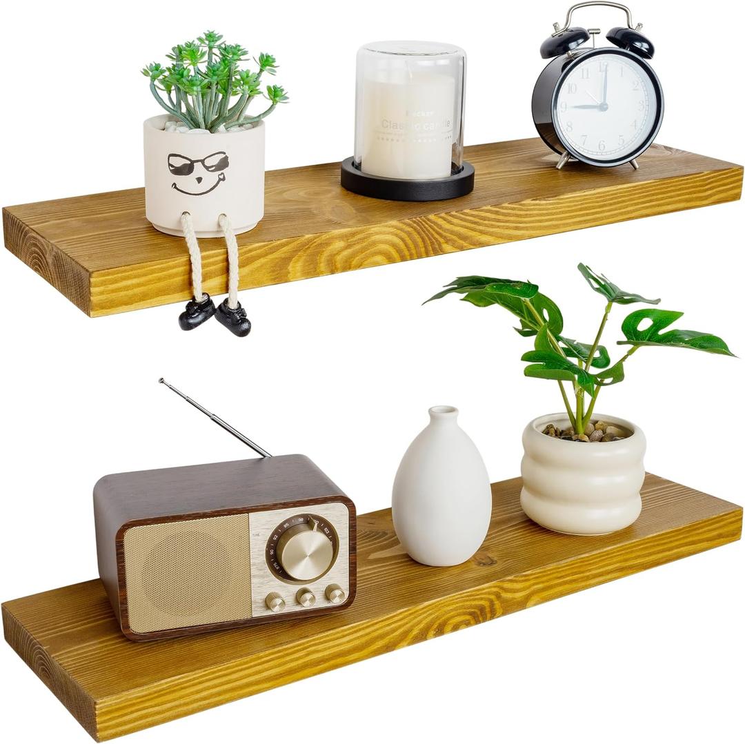 BGMG Wood Floating Shelves for Wall 30 inch Set of 2, Rustic Wooden Wall Mount Shelves for Living Room Bedroom Kitchen Farmhouse 2-30x6.7x1.25 inch- Gold Oak