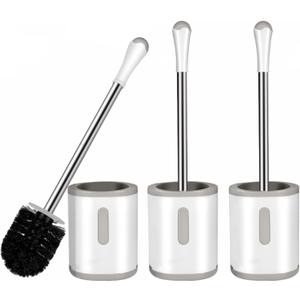 Toilet Brush and Holder Set, 3 Pack with Stainless Steel Handle Toilet Bowl Brush, Compact Toilet Scrubber Brush for Deep Cleaning Bathroom Restroom, Easy to Assemble White & Gray