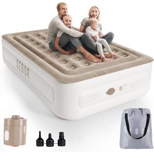 Air Mattress Queen with Built in Pump, 18" Ultimate Comfort Blow up Mattress Queen with Rechargeable Pump, Colchon Inflatable Mattress for Home, Guest, Camping & Office, Air Bed 660lbs Max (18 Queen, Khaki)