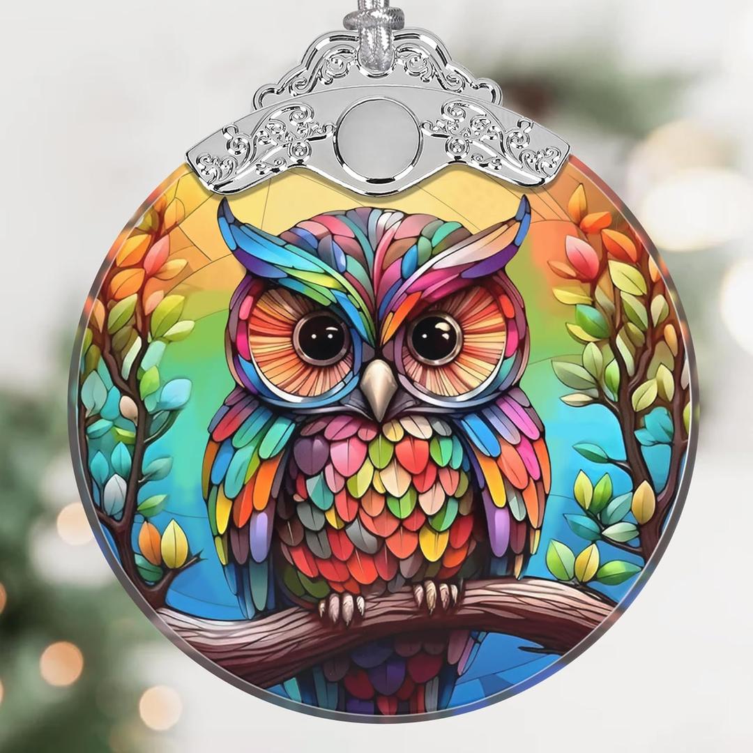 Colorful Owl Christmas Ornament - Stained Glass Hanging Decoration for Holiday Tree - Home Decor, Gift Exchange Idea