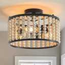 tewei Wood Bead Chandelier, Semi Flush Mount Ceiling Light Rustic 3 Lights Boho Farmhouse Bohemia Chandelier Fixture with E26 Base for Kitchen Bedroom Living Room Dining Oak Black