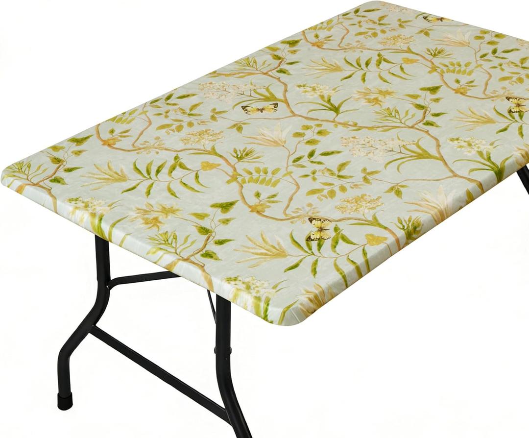 Rectangle Picnic Table Cloth, Elastic Waterproof Fitted Vinyl Tablecloths for 4 Foot Tables, Wipeable Flannel Backed Table Covers for Dining, Camping, Outdoor(Leaves,24"x48")