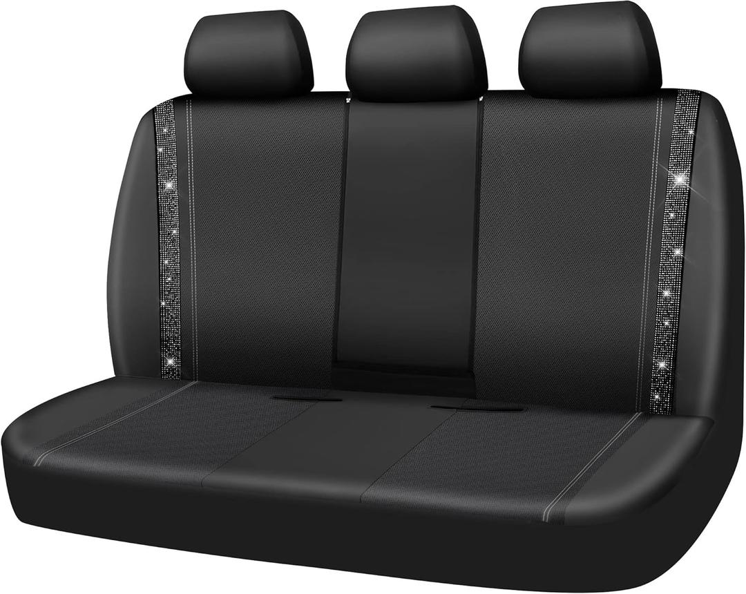 CAR PASS Bling Rhinestone Leather Back Seat Cover, Waterproof Bench Rear Seat Cover Shining Diamond Universal Fit Automotive Glitter Crystal Sparkle Strips for Kid Women Girl, Black Diamond