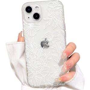 NITITOP Compatible with iPhone 14 Case Cute Clear Floral Flower Pattern for Girls Women Soft TPU Full Camera Lens Shockproof Protective Phone Cover - White