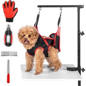 Dog Grooming Arm with Clamp & Pet Grooming Hammock | 4 Extra Bundles | Dog Grooming Stand with Grooming Gloves, Shears & Comb & Nail File | Grooming Table Arm with Adjustable No Sit Haunch Holders
