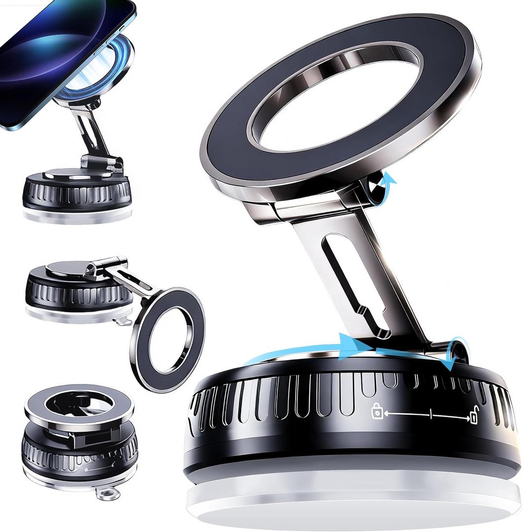 2026 Upgraded Magnetic Car Phone Mount for MagSafe: 360 Rotatable Adjustable Holder with 180+LBS Strong Suction Cup & 3800gf Magnet, Compatible with iPhone 17/16/15 Series & Android Devices