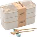 Rarapop Pink Stackable Bento Box Japanese Lunch Box Kit with Spoon & Fork, 3-In-1 Compartment Wheat Straw Meal Prep Containers for Kids & Adults