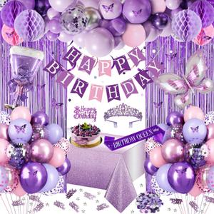 Purple Birthday Decorations, Purple Pink Party Decorations with Happy Birthday Banner, Balloons, Bday Sash, Crown, Butterfly, Tablecloth, Fringe Curtain, Honeycomb Ball for Women Girls Party Supplies