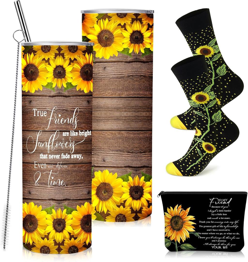 Sieral 3 Pcs Sunflower Gifts for Women Girls with 20 oz Sunflower Tumbler Makeup Bag and Crew Socks Sun Flower Gifts for Teacher Friend Graduation Back to School End of Year Party Favors