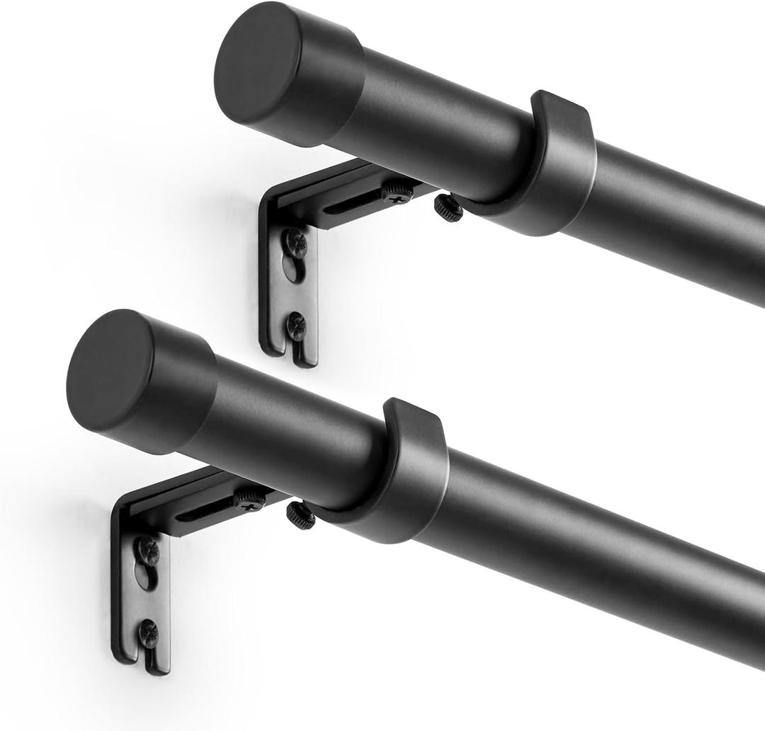 Heavy Duty Adjustable Curtain Rod for Windows 16 to 48 Inch, Matte Black Metal Curtain Rod 1 inch Diameter 30 lb Load (Black, 16-48 Set of 2)