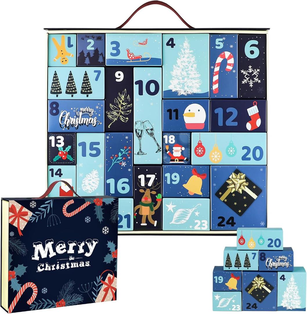 Christmas Advent Calendar 2025, Empty Advent Calendar to Till Yourself, 24 Days Christmas Countdown Box, Reusable Empty Gifts Boxes, Xmas Gifts for Boys Girls Teens Adults (Blue)