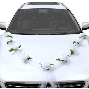 GWHOLE Wedding Car Decorations, 9 White Roses Artificial Flowers Bouquet Ribbon Set with 2 Tulle Ribbons for Wedding Party Just Married Car Decorations