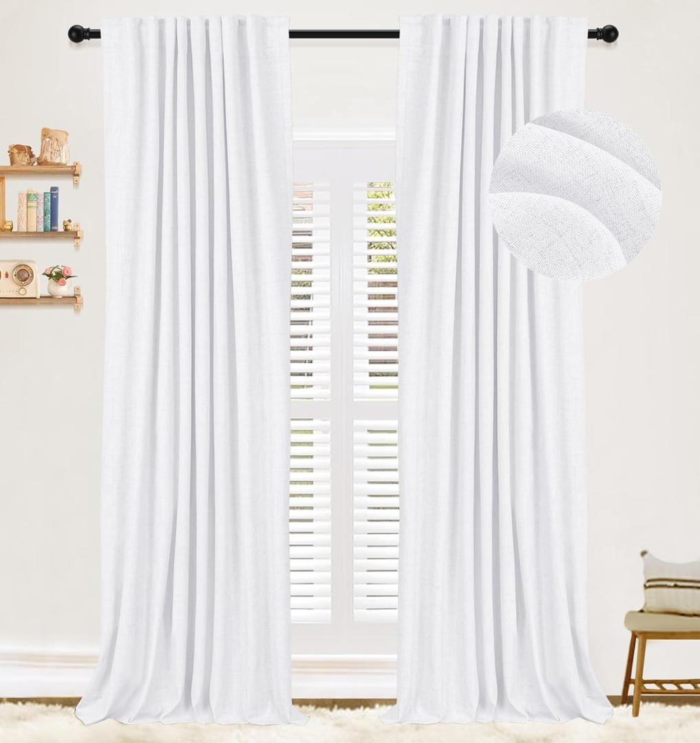 100% Blackout Shield Linen Blackout Curtains 96 inches Long 2 Panels Set, Back Tab/Rod Pocket Thermal Insulated Black Out Curtains for Bedroom/Living Room, 52" W x 96" L, Bright White