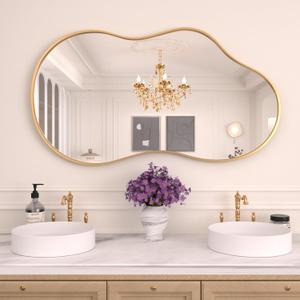 WEER Irregular Wall Mirror, 26x46 inch Gold Asymmetrical Wall Mounted Mirrors Decorative, Abstract Wavy Aluminum Alloy Frame for Bathroom, Bedroom, Living Room, Entryway