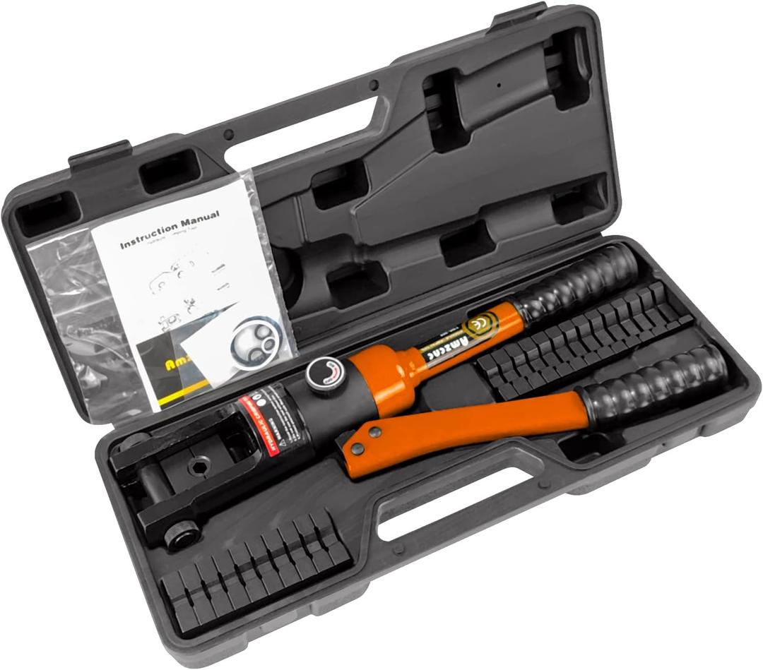 AMZCNC 16 Ton Hydraulic Wire Crimper Battery Cable Lug Terminal Crimping Tool WIth Standard US cable Dies,Crimps 6 AWG to 600 MCM, Cable Crimping Tool with 13 Pairs of Standard US cable Dies