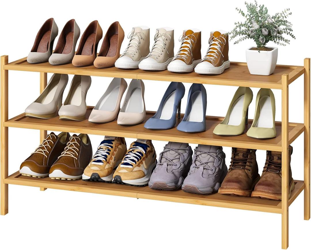 kiplant Long Shoe Rack, Bamboo Wood 3-Tier Shoe Rack for Entryway, Stackable | Foldable | Natural, Shoe Organizer for Hallway Closet, Free Standing Shoe Racks for Indoor Outdoor