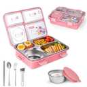 SAYAPE Stainless Steel Adult Lunch Box, 28.7oz 4-Compartment Cute Bento Box Kids Snack Containers with 5oz Soup/Condiment Cup, Food Storage Containers with Utensils and Small Cleaning Brush Set - Pink