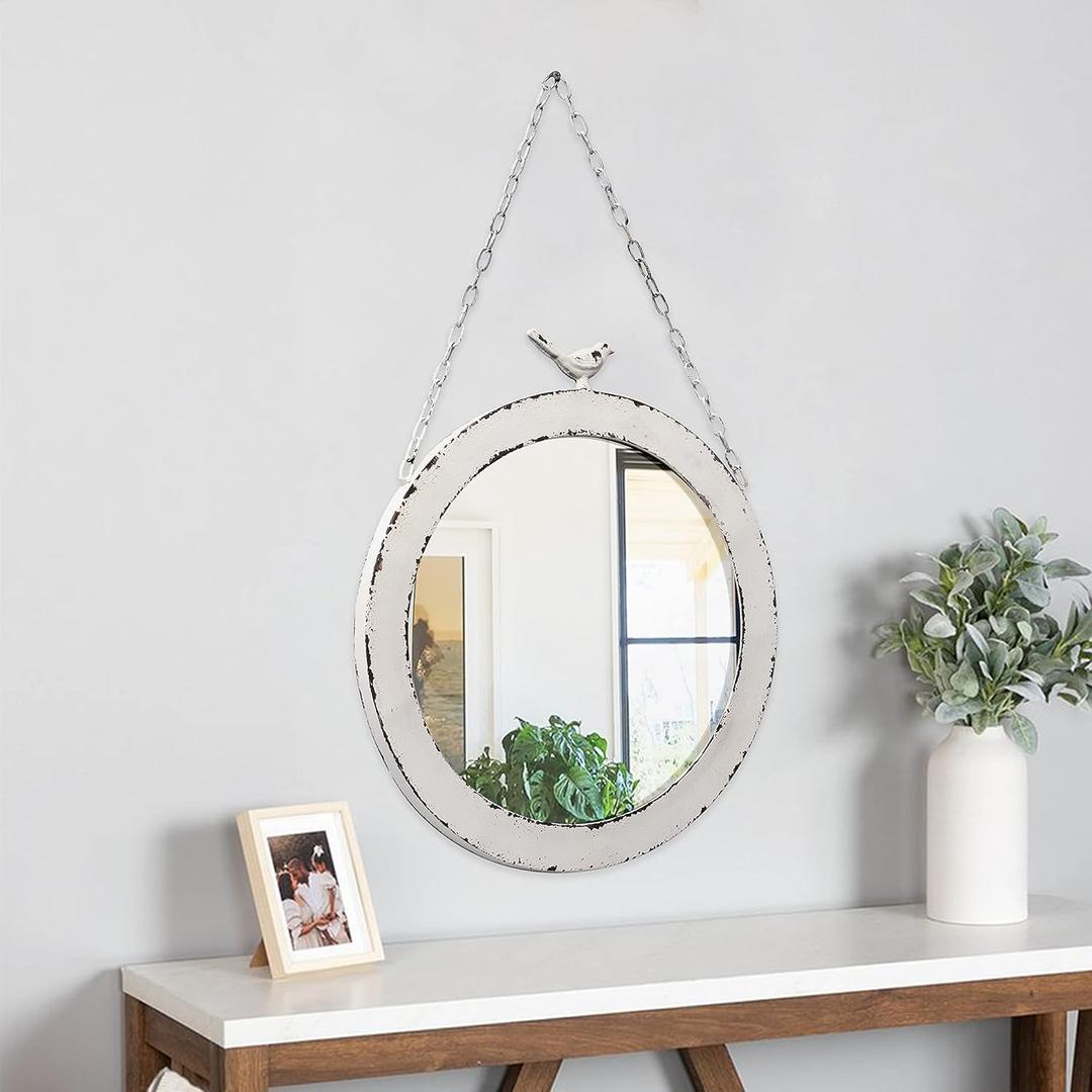 Vintage Large Round Mirrors for Wall Decor 19 Inch, Rustic Distressed White Hanging Mirror with Bird and Iron Chain, Farmhouse Metal Circle Wall Mirrors Decorative for Living Room Entryway