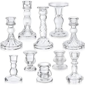Mumufy 10 Pcs Glass Crystal Taper Candle Holders Clear Glass Candlestick Holder Fit 0.8 Inch Candles Crystal Decorative Candle Stand Centerpiece Table Wedding Dining Party (Classic, Clear)