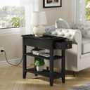 ChooChoo Narrow End Table with Charging Station, Side Table Living Room with USB Ports & Power Outlets and Hidden Drawer, 3-Tier Skinny Nightstand with 2 Open Storage Shelves for Small Place (Black), 11.22"D x 23.62"W x 24.02"H