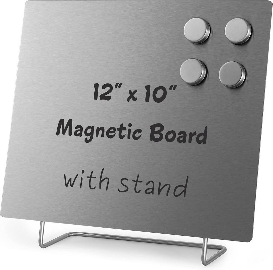 Large Magnetic Bulletin Board Dry Erase Memo Board with Stand Metal Easel for Magnet Display 12x10 Inches + 4 Magnets