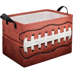 Football Storage Basket, Collapsible Waterproof Canvas Organizer Bin, Funny Rectangular Kids Toys Storage Box Rugby Sport Theme Room Decor, Shelf Baskets for Closet Bedroom Office Dorm (Red)15.5"L x 10"W x 10"H