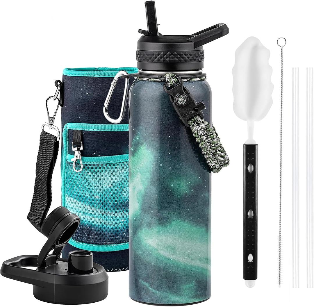 40oz Insulated Water Bottle, Triple Wall Vacuum Stainless Steel Water Bottles - Keeps Cold 48H, Reusable Metal water flask Jug for Gym, Sports, Camping, Hiking, Travel, Aurora-Green