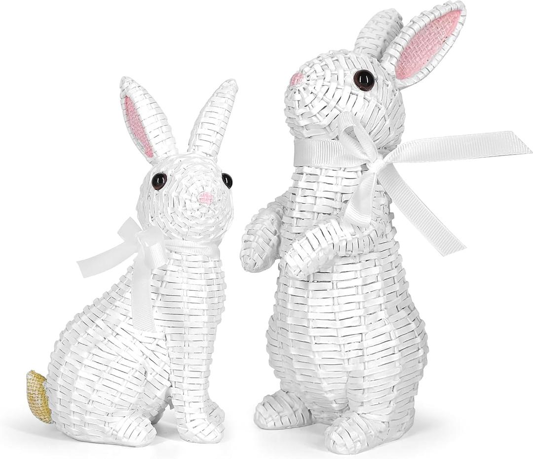 Rattan Effect Resin Bunny Easter Decor,Table Rabbit Easter Decorations,Spring Bunnies Decoration Statue Figurine for Home Farmhouse (White, Small-Pair)