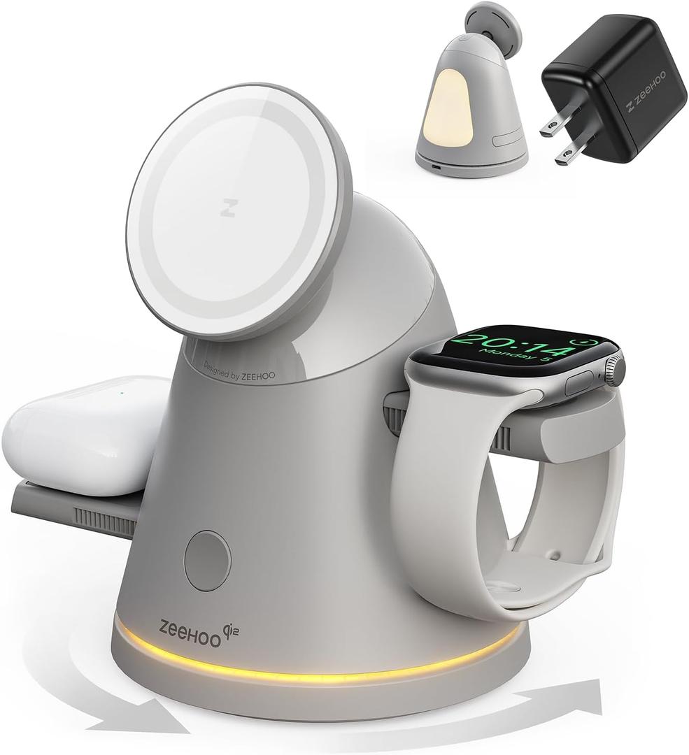 ZEEHOO 3 in 1 Charging Station for Apple Devices,Qi2 Mag-Safe Charger Stand&Light,Fast Wireless Charging Station for iPhone 17/16/15/14/13/12&AirPods&iWatch&Pixel 10& Samsung Galaxy Watch-30W Adapter (Grey)