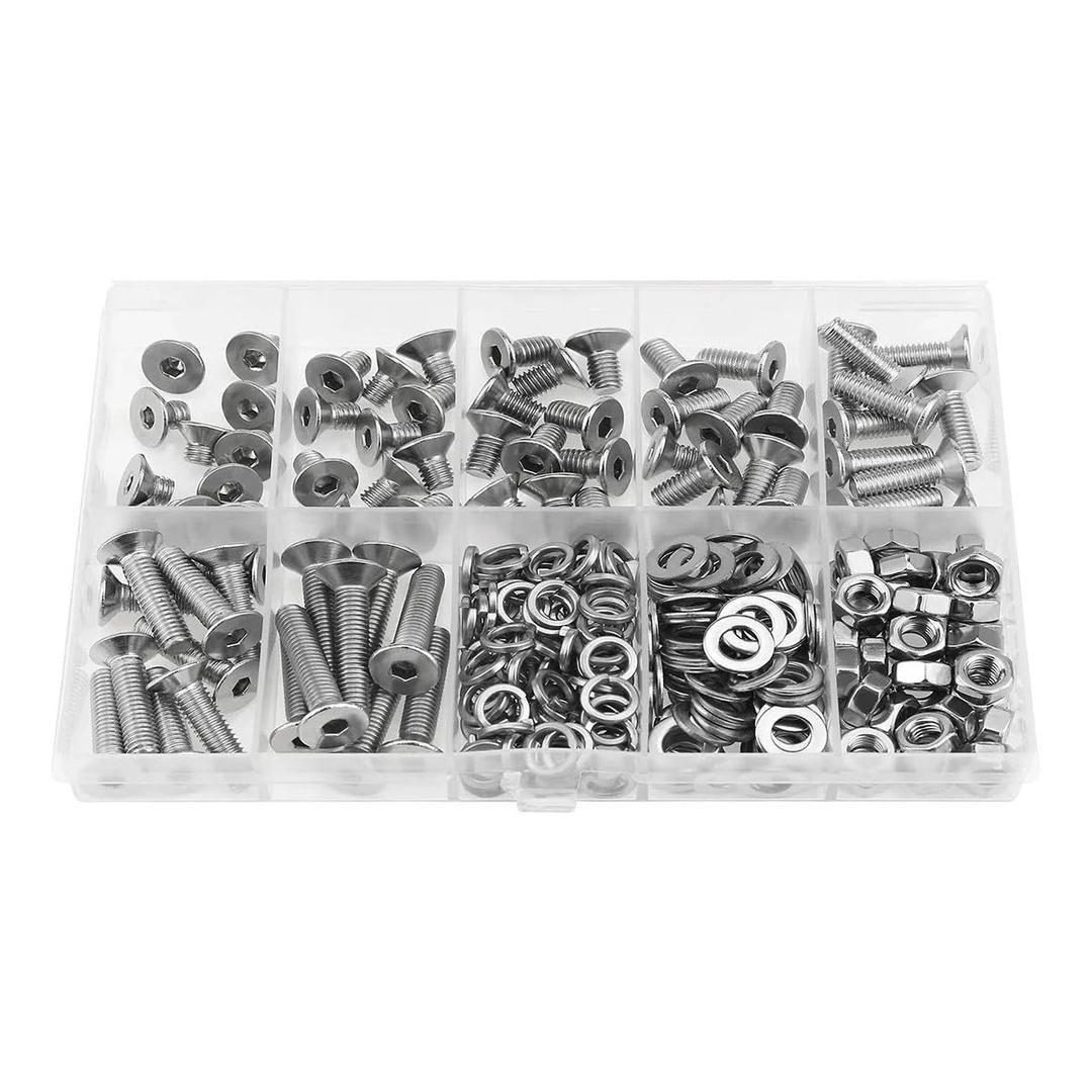 New 2026 245Pcs M5 X 6/8/10/12/16/20/25 Countersunk Screw Nut Washer Combo Kit 304 Stainless Steel Fully Threaded