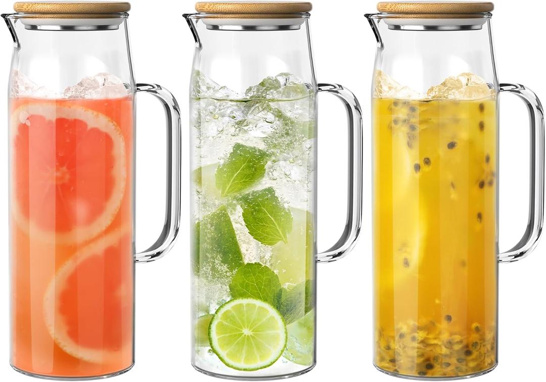 3 Sets Glass Pitcher with Lid, 50 oz / 1500 ml Water Carafe with Handles Hot Cold Beverage Water Jar Glass Jug (Bamboo lid)