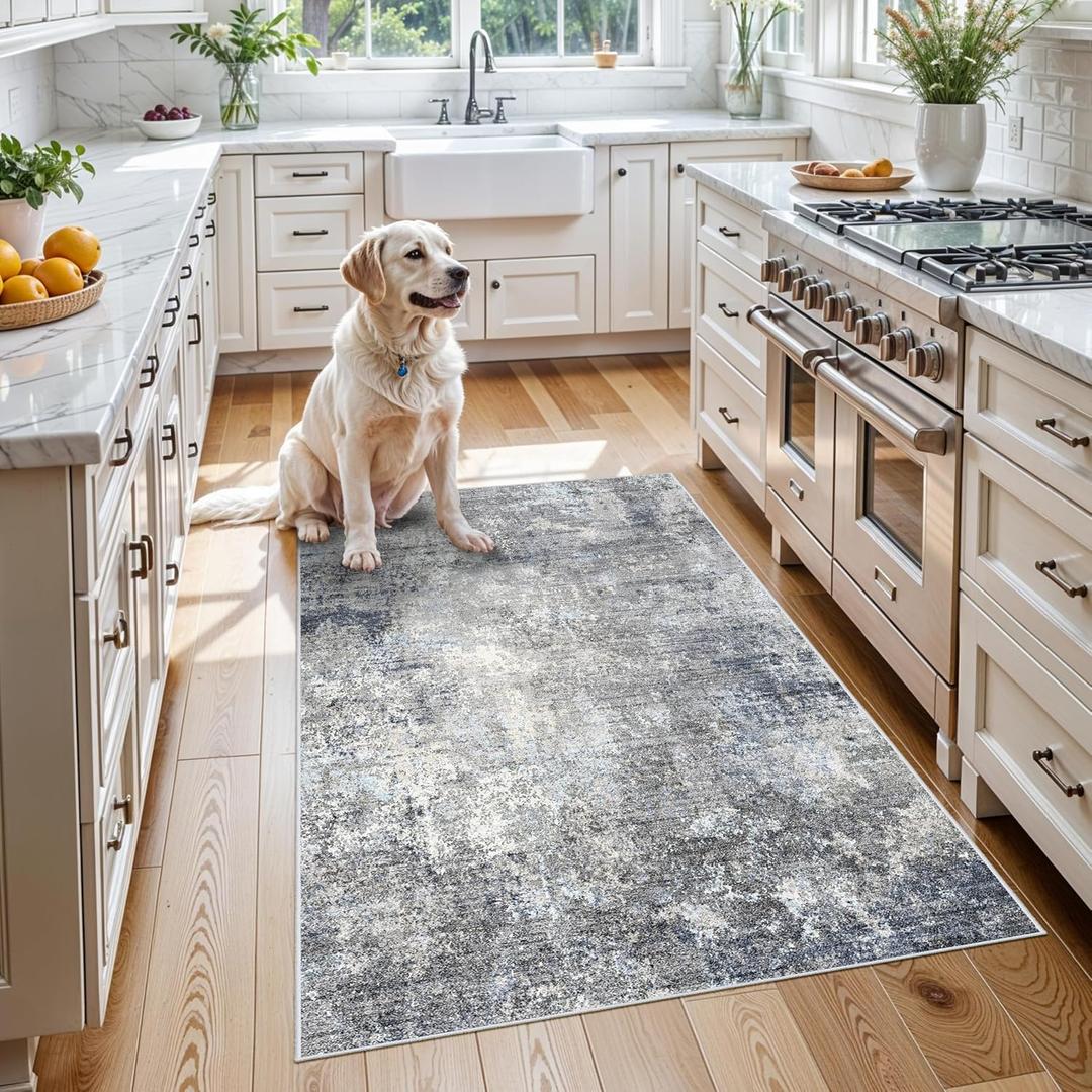 3x4 Washable Entryway Rug Non-Slip Modern Abstract Small Area Rug for Kitchen, Bedroom, Bathroom Soft Low-Pile Thin Indoor Door Mat Blue Grey,3x4
