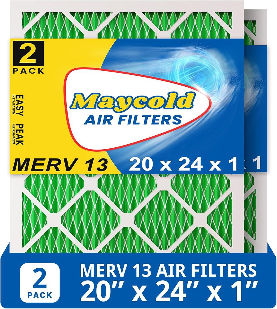 Maycold MERV 13 20x24x1 Air Filter (2-Pack), High-Efficiency Pleated AC & Furnace Filters, Actual Size: 19.70" x 23.70" x 0.75", Individually Wrapped in Plastic