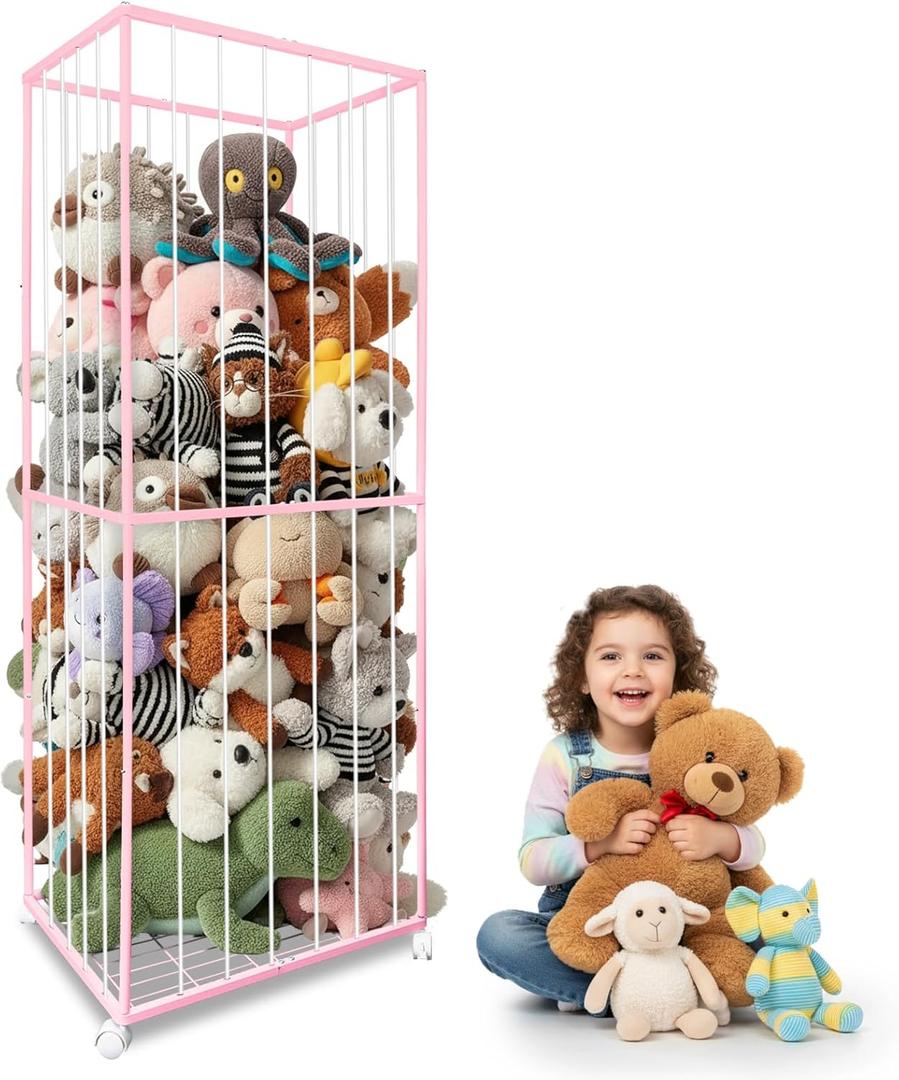 Stuffed Animal Storage, Metal Tube Extra Large Toy Storage Organizer with Brake Wheels, Stuffed Animal Holder Zoo Organizer for Nursery Playroom Kids Room Pink(61 x 23.6x 16.5)