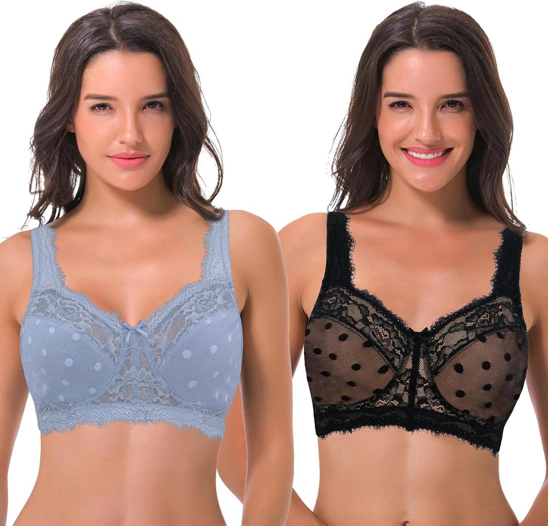 Curve Muse Women's Plus Size Minimizer Unlined Wireless Lace Full Coverage Bras (48B, Black,lt Blue(2 Pack))