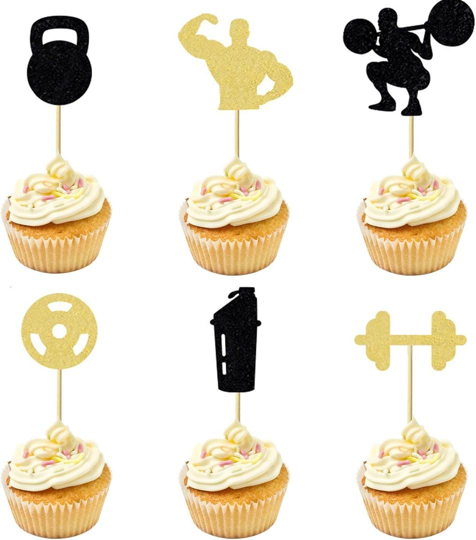 12 Pcs Fitness Cupcake Toppers- Glitter Weightlifting umbbell Cupcake Decorations for Fitness Theme Party, Birthday Party Cake Decor Supplies