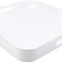 Square White Decorative Serving Tray with Handles, Versatile Ottoman Tray for Coffee Table, Entertaining, Outdoor Patio, Living Room, 13*13*1.6