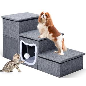 Bilibara Dog Stairs for Small Dogs 16'' H, Foldable Pet Steps for High Bed, Non-Slip 3-Step Cat Stairs with Storage, Condo and Fluffy Ball, Small Dog Indoor Ramp for Couch Window