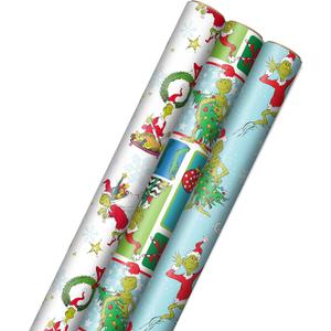 Hallmark Dr. Seuss Grinch Wrapping Paper for Kids (3 Rolls: 105 Sq. Ft. Ttl) for Christmas with Blue Tiles, White Snowflakes, Cindy Lou Who, Max