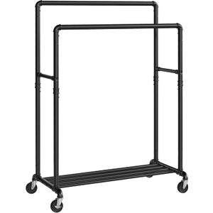 SONGMICS Heavy-Duty Clothes Rack, Double-Rod Clothing Rack for Hanging Clothes, Industrial Garment Rack on Wheels, Metal Frame, 2 Casters with Brakes, Commercial Display, Black UHSR60B