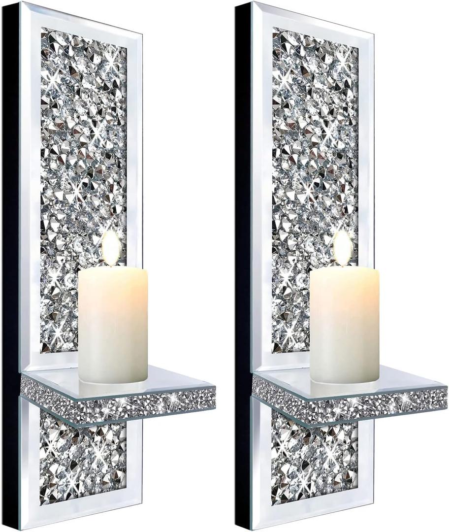 Set of 2 Crystal Crush Diamond Candle Sconces, Gorgeous Silver Mirrored Wall Sconce, Candle Holder Glass Wall Decorations for Home Dcor, Living Room, Dining Room.