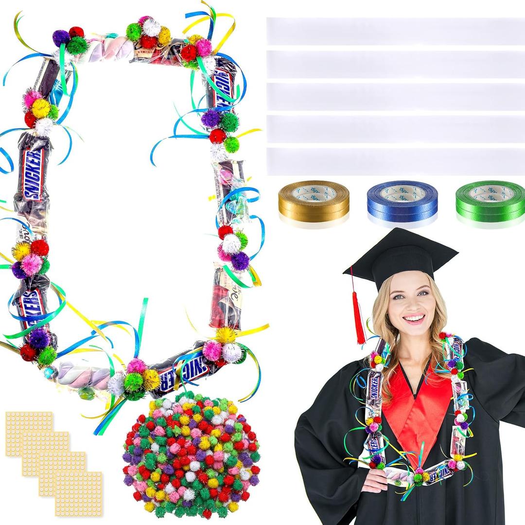 Hanaive Graduation Candy Lei Tubing Necklace Making Kit Include 50 Pcs 2 Inch Poly Tubing Lei Bags 197 ft 6 Rolls Gift Wrapping Ribbon 1 Pack Plush Poms 400 Glue Points for Graduation Party Supplies