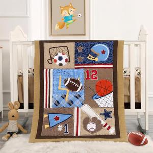 Wowelife Sports Mini Crib Bedding Set Boys Brown 3PCs Mini Crib Comforter Set Basketball Baseball Rugby Nursery Bedding Sets for Boys with Soft Crib Comforter, Crib Skirt and 38x24 Crib Sheet, Brown
