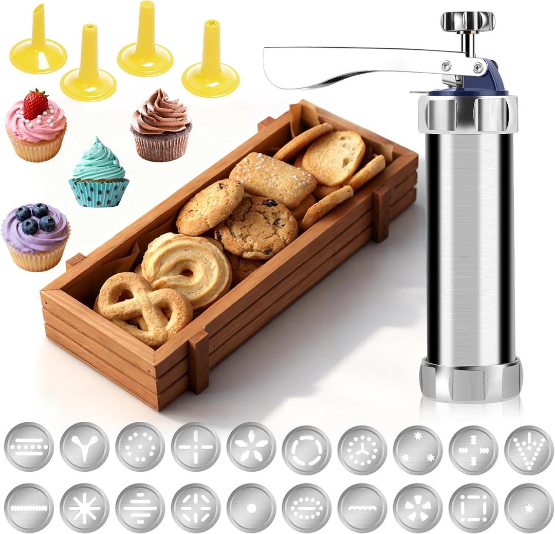 YEHOSHUN Cookie Press Kit, Upgraded Cookie Maker Gun, Stainless Steel Spritz Cookies Press for Baking With 20 Cookies Discs And 4 Piping Tips, for DIY Christmas Cook-ie Maker and Decorating