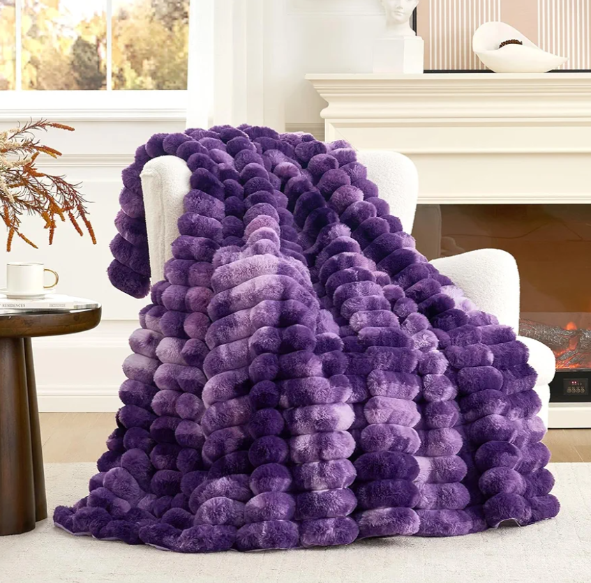 Cozy Bliss Faux Fur Throw Blanket for Couch, Cozy Warm Plush Striped Blanket for Sofa Bedroom Living Room, 50 * 60 Inches Tie-dye Purple